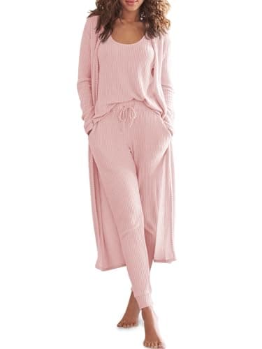 Eurivicy Women's Waffle Knit 3-Piece Lounge Set with Long Cardigan