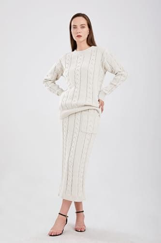 utcoco Women's Chunky Cable Knit Sweater Skirt Set