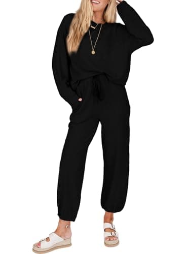 SHEWIN Women's Waffle Knit Lounge Sets Casual Long Sleeve Pullover Joggers