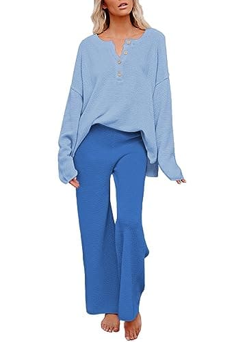 Pink Queen Women's Long Sleeve Button Sweater Top & Wide Leg Knit Pants Outfit Set
