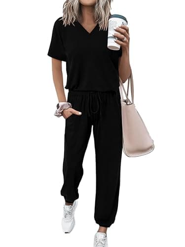 MASCOMODA Women's Summer V-NeckShort Sleeve Top & Long Pants Tracksuit