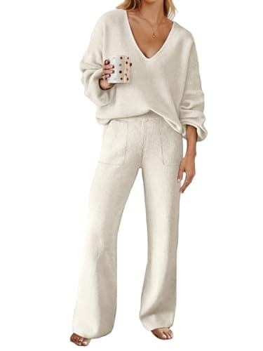 MEROKEETY Women's Long Sleeve Knit Top & Wide Leg Pant Lounge Set