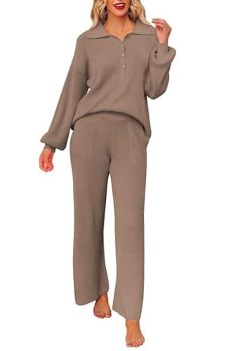 Pink Queen Women's Long Sleeve Button Knit Sweater Wide Leg Pants Outfit