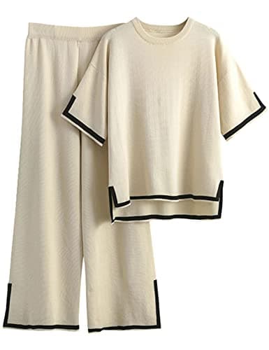 Faleave Women's Short Sleeve Knit Sweater & Elastic Waist Wide Leg Pants Lounge Set