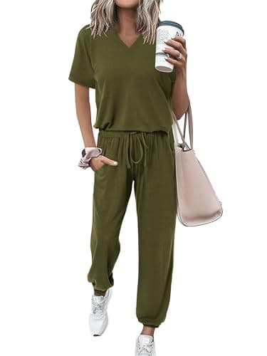 MASCOMODA Women's Summer V-NeckShort Sleeve Top & Long Pants Tracksuit