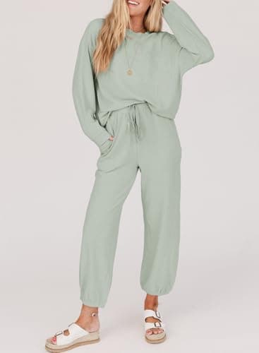 SHEWIN Women's Waffle Knit Lounge Sets Casual Long Sleeve Pullover Joggers