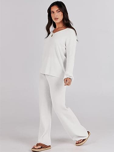 ANRABESS Women's Long Sleeve Cable Knit Outfit with Wide Leg Pants