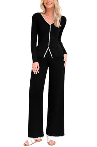 PrettyGarden Women's 2024 Winter Knit Lounge Sets Wide Leg Pants Buttons