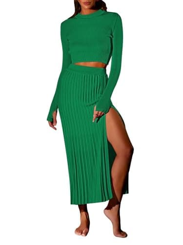 Pink Queen Women's 2-Piece Long Sleeve Crop Top & Ribbed Midi Skirt Knit Dress Set