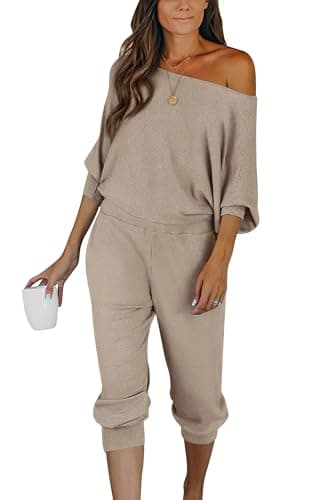 PRETTYGARDEN Women's Off-Shoulder Ribbed Tracksuit with Pockets