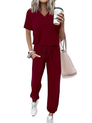 MASCOMODA Women's Summer V-NeckShort Sleeve Top & Long Pants Tracksuit