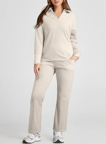 Herseas Women's Long Sleeve V-Neck Sweater Set & High Waist Wide Leg Pants
