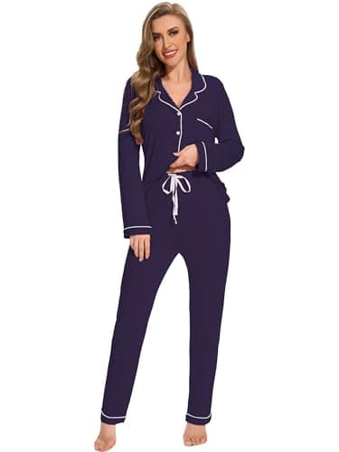 Yoolfine Women's Soft Long Sleeve Button-Up Pajamas Set - XS-XXL