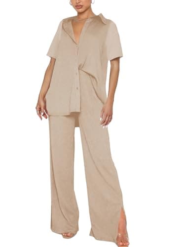 LYANER Women's Button Down Shirt & Wide Leg Pants Set