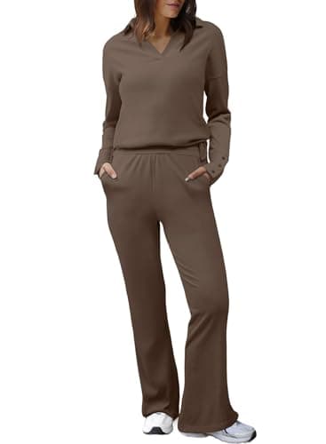 Herseas Women's Long Sleeve V-Neck Sweater Set & High Waist Wide Leg Pants