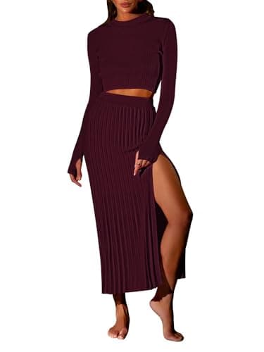 Pink Queen Women's 2-Piece Long Sleeve Crop Top & Ribbed Midi Skirt Knit Dress Set