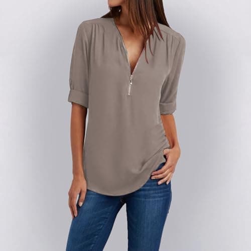 Trendy Plus Size Zip Front 3/4 Sleeve V Neck Summer Tops