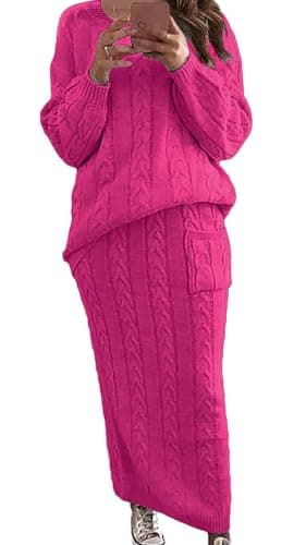 utcoco Women's Chunky Cable Knit Sweater Skirt Set