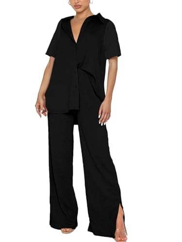 LYANER Women's Button Down Shirt & Wide Leg Pants Set