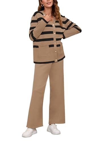 Viottiset Women's Stripe Sweatsuit Set: Long Sleeve Button Sweatshirt & Wide Leg Sweatpants