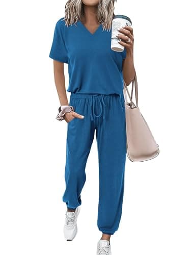 MASCOMODA Women's Summer V-NeckShort Sleeve Top & Long Pants Tracksuit