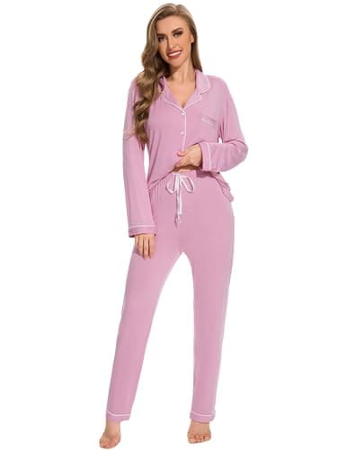 Yoolfine Women's Soft Long Sleeve Button-Up Pajamas Set - XS-XXL