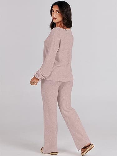ANRABESS Women's Long Sleeve Cable Knit Set with Wide Leg Pants