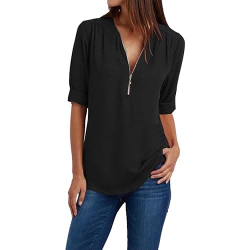 Trendy Plus Size Zip Front 3/4 Sleeve V Neck Summer Tops