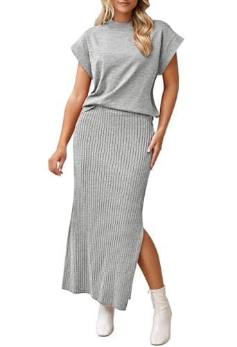 Pink Queen Women's Summer Cap Sleeve Sweater SET Bodycon Maxi Knit Dress