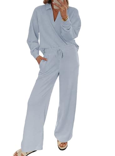 EVALESS Women V-Neck Sweatshirt & Wide Leg Sweatpants Lounge Set