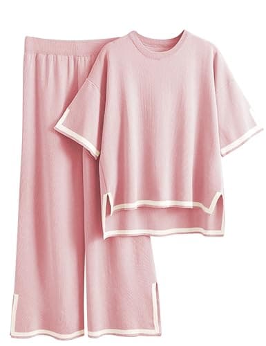 Faleave Women's Short Sleeve Knit Sweater & Elastic Waist Wide Leg Pants Lounge Set