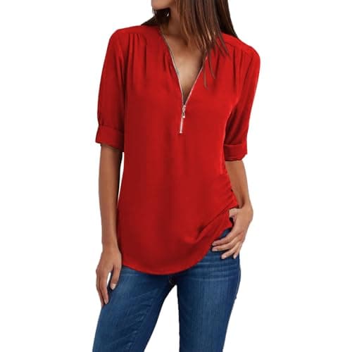 Trendy Plus Size Zip Front 3/4 Sleeve V Neck Summer Tops