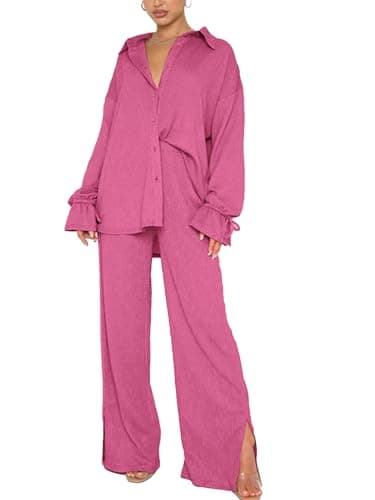 LYANER Women's Button Down Long Sleeve Shirt & Wide Leg Pants Set