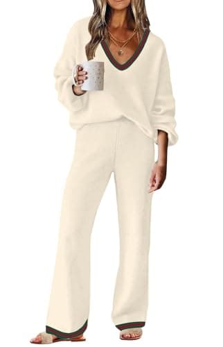 ETCYY New Women's Sweater Lounge Set Casual V-Neck Long Sleeve Top Wide Leg Pants