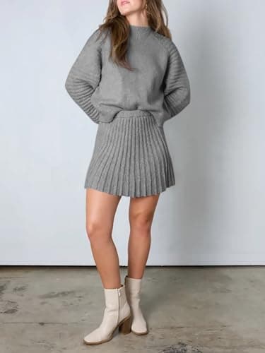 Zwurew Women's 2024 Long Sleeve Mock Neck Ribbed Sweater & Mini Skirt Set