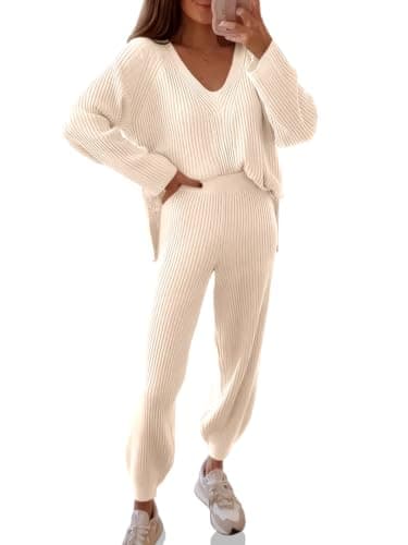 Tankaneo Women's Oversized V-Neck Sweater and Wide Leg Pants Loungewear Set