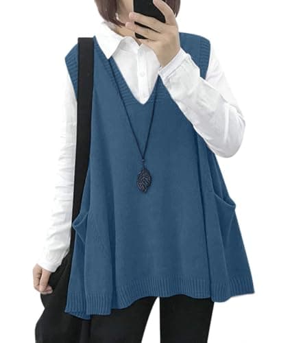 Oversized Cotton Knit Sweater Vest for Women with Drop Pockets