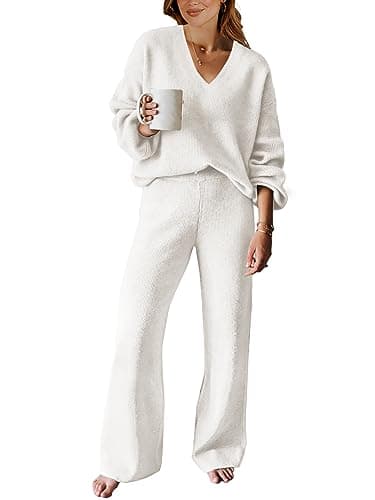 ANRABESS Women's Long Sleeve Cable Knit Set with Wide Leg Pants