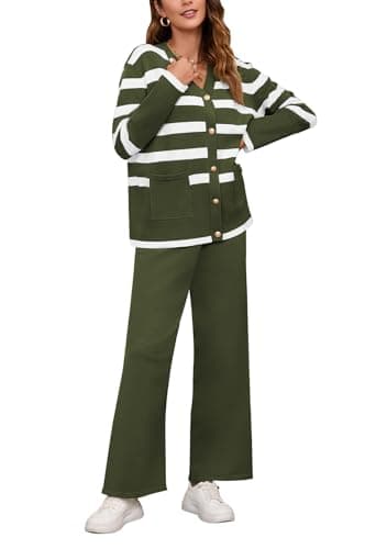 Viottiset Women's Stripe Sweatsuit Set: Long Sleeve Button Sweatshirt & Wide Leg Sweatpants