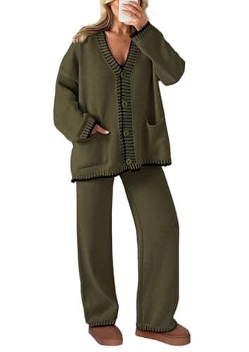 PRETTYGARDEN Women's Matching Lounge Sets Knit Cardigan & Wide Leg Pants