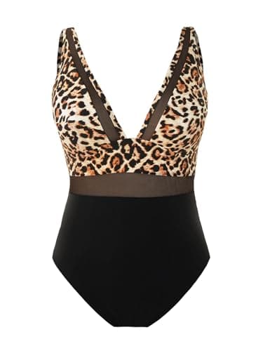 CUPSHE Women's Plus Size V-Neck Mesh Swimsuit with Tummy Control Adjusted Straps