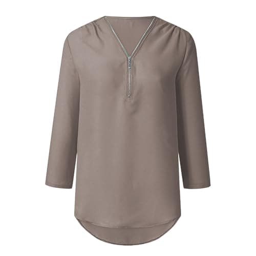 Trendy Plus Size Zip Front 3/4 Sleeve V Neck Summer Tops