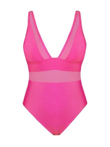 CUPSHE Women's Plus Size V-Neck Mesh Swimsuit with Tummy Control Adjusted Straps