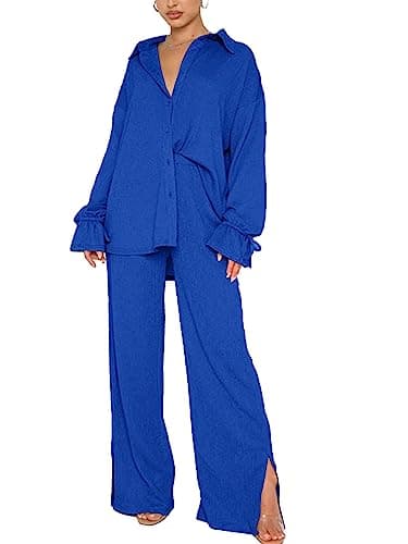 LYANER Women's Button Down Long Sleeve Shirt & Wide Leg Pants Set