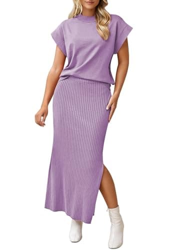 Pink Queen Women's Summer Cap Sleeve Sweater SET Bodycon Maxi Knit Dress