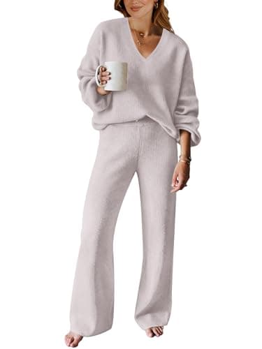 ANRABESS Women's Long Sleeve Cable Knit Set with Wide Leg Pants