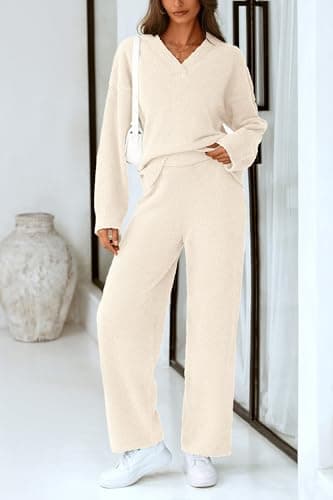 PRETTYGARDEN Women's Oversized V-Neck Sweater & Wide Leg Pants Fall Winter Set