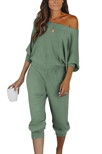 PRETTYGARDEN Women's Off-Shoulder Ribbed Tracksuit with Pockets