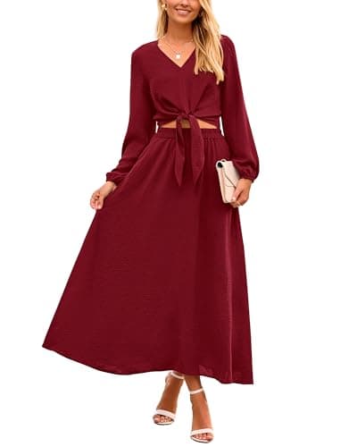 PRETTYGARDEN Women's Casual V-Neck Long Sleeve Crop Top & High Waist Midi Skirt Set