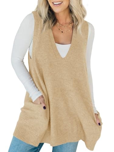 Saodimallsu Women's V-Neck Loose Knit A-Line Flattering Sleeveless Sweater Vest with Pockets